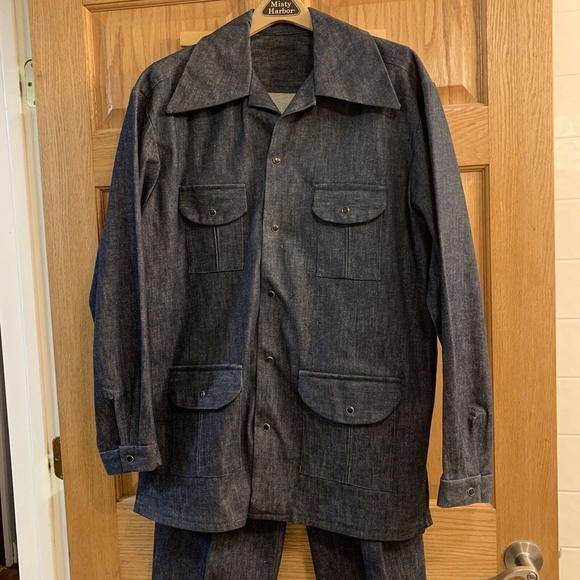 Vintage 70s Blue Denim Pearl Snap 2 PC Suit Set Sz L 1970s Jacket Pants Outfit - Picture 1 of 14